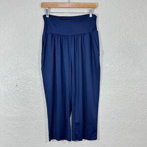UEU Wide Leg Pants Large Navy Gaucho Baggy Pull On Elastic Stretch Travel Lounge